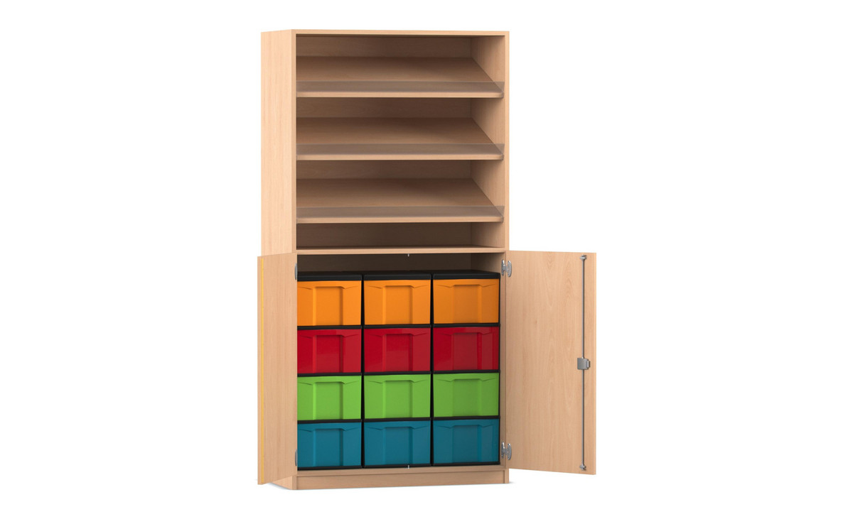 Flexeo® Schrank, 3 Schrägablagen, 12 grosse Boxen, 2 Halbtüren