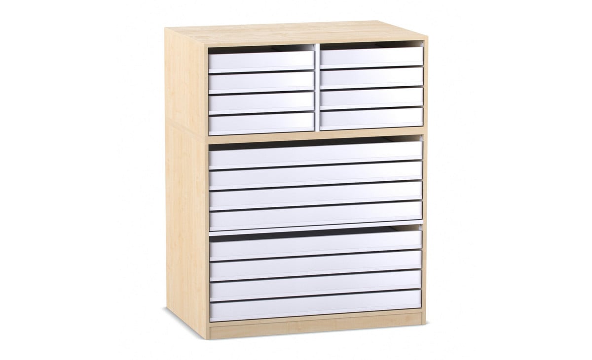 Flexeo® Papier- und Bilderschrank, 8 grosse Auszüge, 8 kleine Auszüge oben