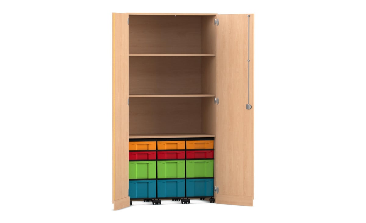 Flexeo® Garagenschrank, 3 Fächer, 3 Rollcontainer, je 6 kleine und grosse Boxen