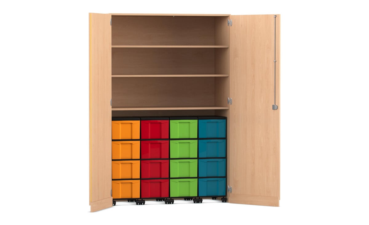 Flexeo® Garagenschrank, 3 Fächer, 4 Rollcontainer, 16 grosse Boxen