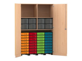 Flexeo® Garagenschrank, 2 Fächer, 4 Rollcontainer, 32 kleine und 8 grosse Boxen