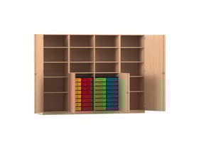 Flexeo® Systemschrankwand, 32 kleine Boxen, 16 Fächer, 4 Türen