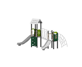 Spielgerät mit zwei Rutschen und Kletterbrücke