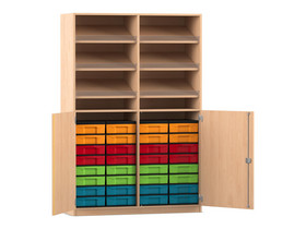 Flexeo® Schrank, 6 Schrägablagen, 32 kleine Boxen, 2 Halbtüren