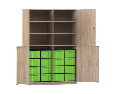 Flexeo® Schrank 16 grosse Boxen 6 Fächer Mittelwand 4 Halbtüren