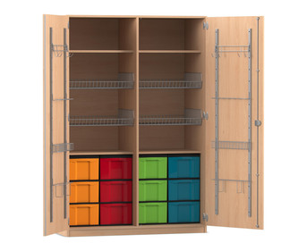 Flexeo® Sportschrank Gerätehaken 4 Gitterkörbe 12 grosse Boxen