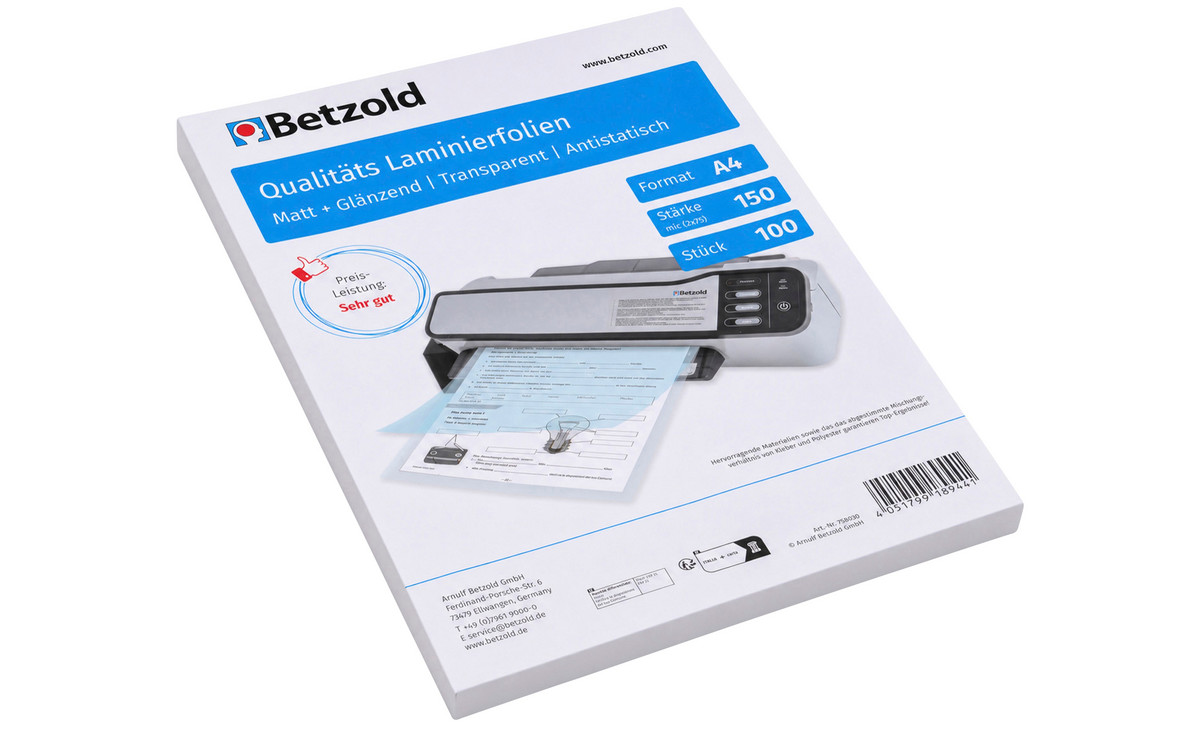 Betzold Laminierfolien DIN A4, 100 Stück, 150 oder 250 mic, glänzend oder matt